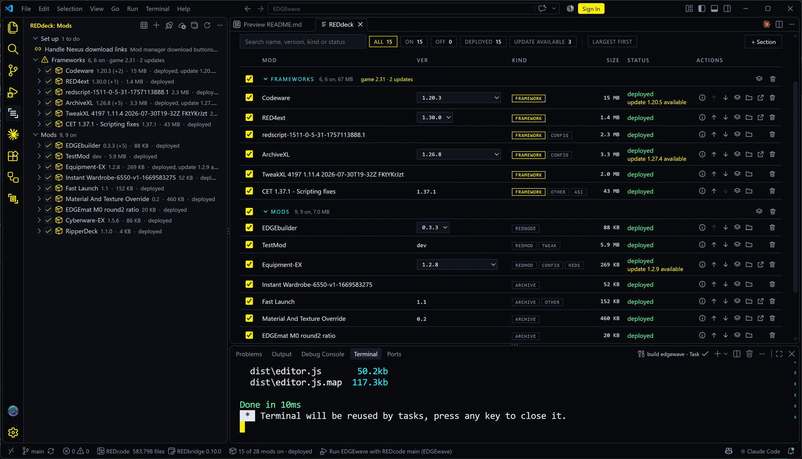 VS Code with the Mods view in the sidebar, Frameworks above Mods, and the EDGEdeck page beside it: search, filter chips, and a table of fifteen mods with version, kind, size, status and action buttons, three of them with an update available.