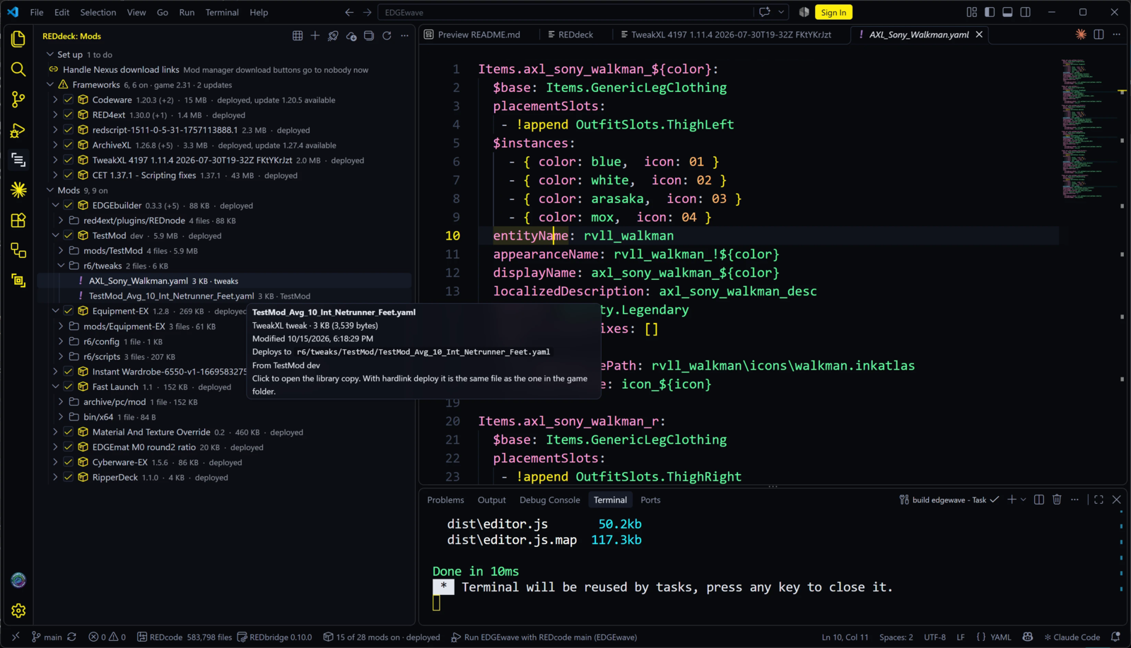 The Mods view with Frameworks (game 2.31, two updates) above Mods, a checkbox and status on every row, and three mods expanded to their folders and files, one file's tooltip showing where it deploys and a TweakXL file open beside it.